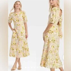 Women's Bishop Elbow Sleeve Tie-Back Dress - Who What Wear™ Beige Floral M